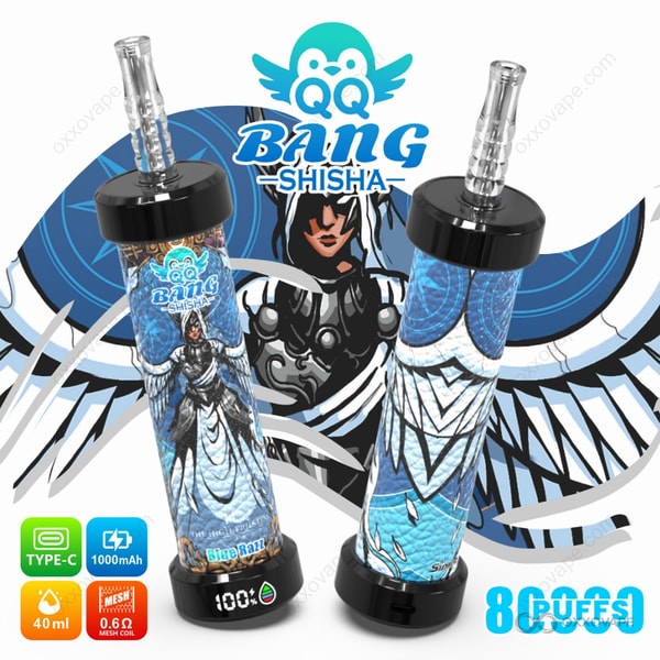 Blue Razz flavor packaging for QQ Bang Shisha 80000 with blue raspberry candy graphics