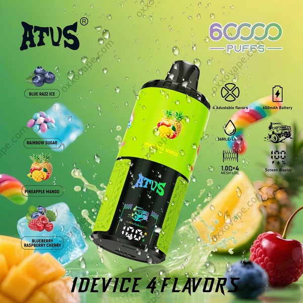 ATVS Warship 60000 green device with Blue Razz Ice, Rainbow Sugar, Pineapple Mango and Blueberry Raspberry Cherry flavors