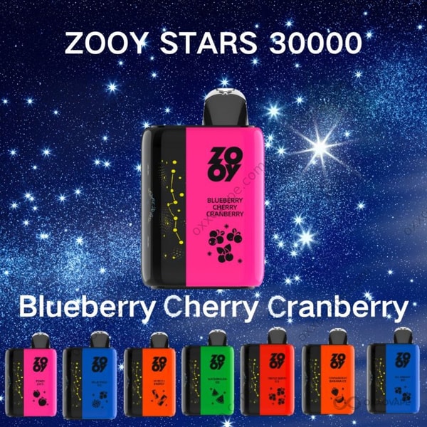 Blueberry Cherry Cranberry flavor box for ZOOY Stars 30000 vape with deep red and purple berry artwork
