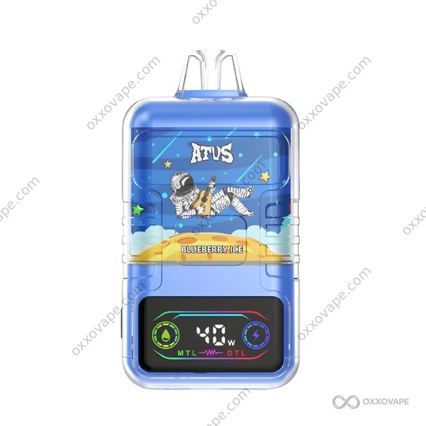 Blueberry Ice flavor box for ATVS 30000 disposable vape with deep purple berry design