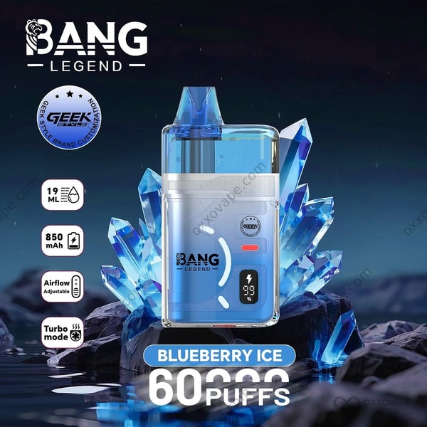 Blueberry Ice flavor packaging for Bang Legend Geek 60000 with deep purple and frost-themed design
