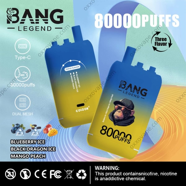 Bang Legend 80000 packaging for Blueberry Ice Black Dragon Ice Mango Peach exotic flavor set