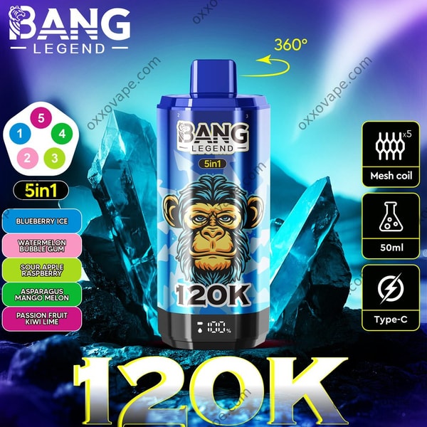Boîte Bang Legend 120000 pour le set de réservoirs Myrtille Glacée Pastèque Bubble Gum Pomme Framboise Acidulée