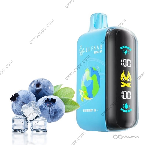 Blueberry Ice flavor packaging for Elf Bar Raya D3 25000 disposable vape with frosted blueberry graphics