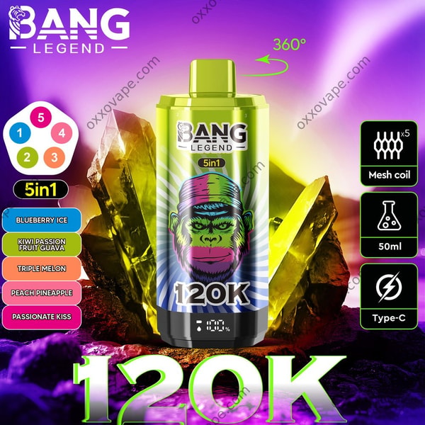 Packaging Bang Legend 120000 montrant la combinaison Myrtille Glacée Kiwi Fruit de la Passion Goyave Triple Melon