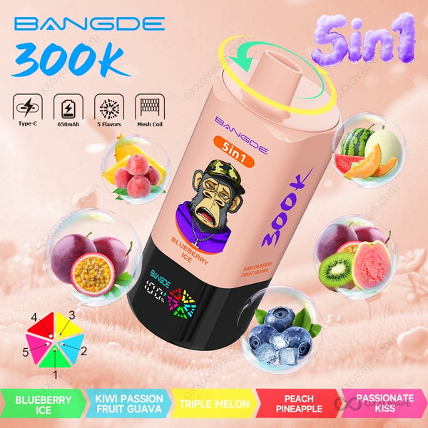 Bang DE 300000 flavor packaging showing Blueberry Ice, Kiwi Passion Fruit Guava, Triple Melon, Peach Pineapple and Passionate Kiss art