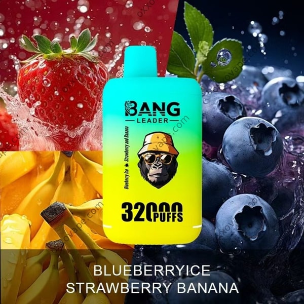 Bang Leader 32000 Blueberry Ice Strawberry Banana packaging showing sliced banana and frosted blueberries