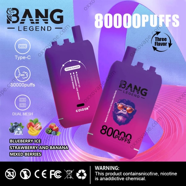 Bang Legend 80000 box for Blueberry Ice Strawberry Banana Mixed Berries flavor pod trio