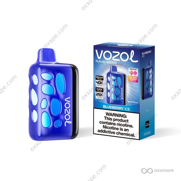 Vozol Rave 40000 Blueberry Ice flavor box featuring dark blue berries and icy frost graphics