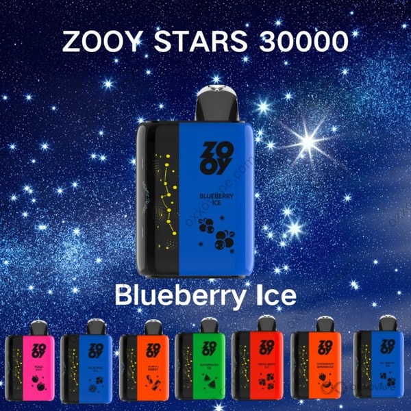 Blueberry Ice flavor box for ZOOY Stars 30000 vape with dark blue berry and frost graphics