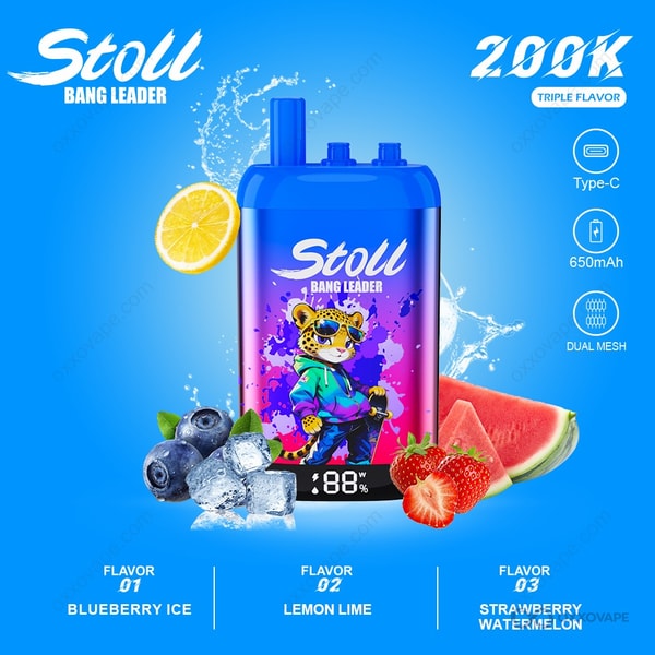 Bang Leader Stoll box for Blueberry Ice Lemon Lime Strawberry Watermelon flavor trio with blue and green citrus artwork