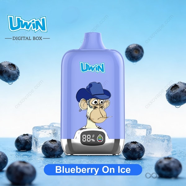 Blueberry On Ice flavor box for Uwin Digital Box 12000 vape with dark blue berries and frost detailing