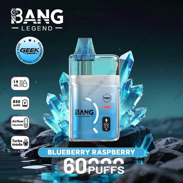 Blueberry Raspberry flavor box for Bang Legend Geek 60000 showing dual berry artwork