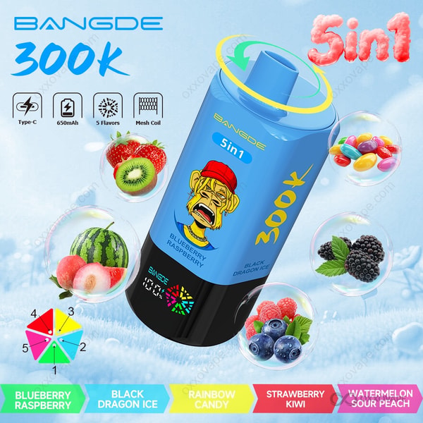 Bang DE 300000 box art featuring Blueberry Raspberry, Black Dragon Ice, Rainbow Candy, Strawberry Kiwi and Watermelon Sour Peach flavors