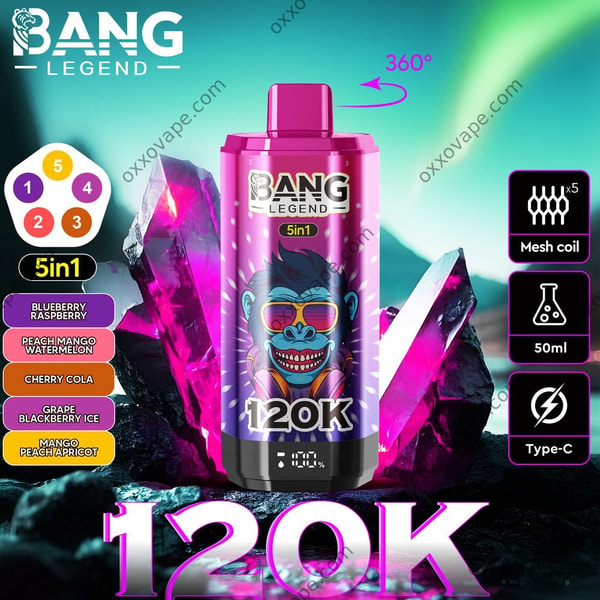 Boîte de saveurs Bang Legend 120000 pour Myrtille Framboise Pêche Mangue Pastèque Cherry Coke Raisin Mûre Glacé