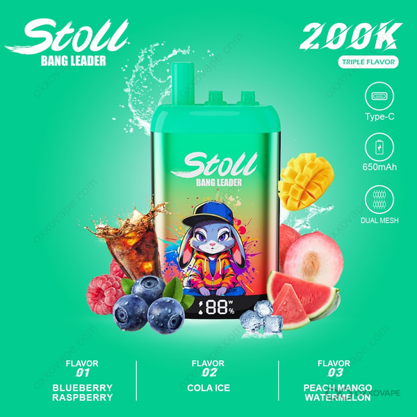 Retail box for Blueberry Raspberry Cola Ice Peach Mango Watermelon flavor trio showing berry and fruit illustration