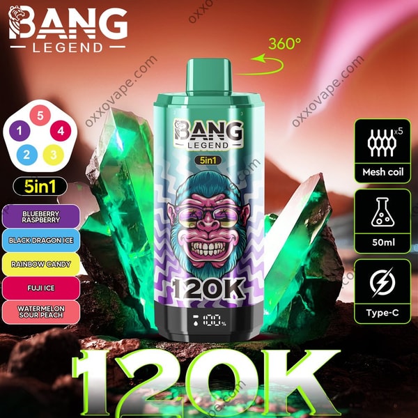 Visuel Bang Legend 120000 avec les saveurs Myrtille Framboise Dragon Noir Glacé Bonbon Arc-en-ciel Fuji Glacé