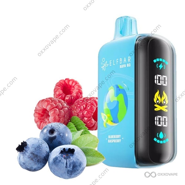 Blueberry Raspberry flavor packaging for Elf Bar Raya D3 25000 disposable vape with berry cluster graphics
