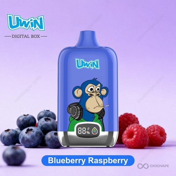 Blueberry Raspberry flavor box for Uwin Digital Box 12000 vape with mixed berry illustration in blue and red tones