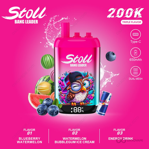 Bang Leader Stoll 200000 packaging box for Blueberry Watermelon Bubblegum Ice Cream Energy Drink flavor trio with fruit graphics