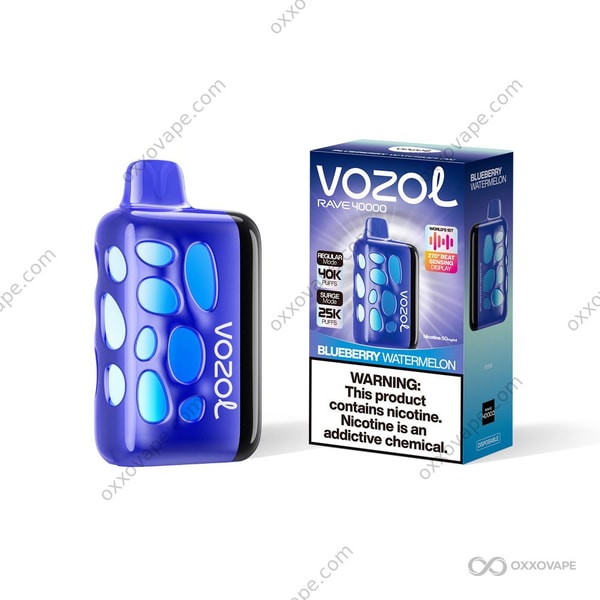 Vozol Rave 40000 Blueberry Watermelon flavor box combining blue and green fruit artwork