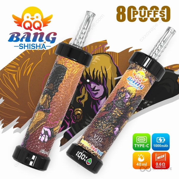 British Red Bull flavor packaging for QQ Bang Shisha 80000 with energy drink-inspired graphics