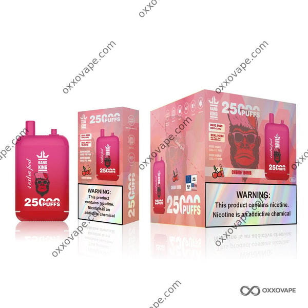 Cherry Bomb flavor box for Bang King 25000 disposable vape with bold cherry artwork