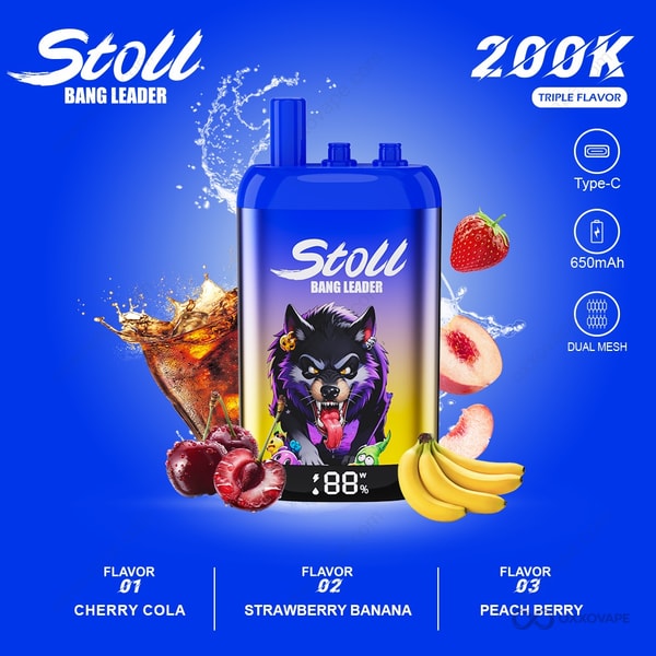 Box for Bang Leader Stoll Cherry Cola Strawberry Banana Peach Berry flavor trio with dark red and yellow fruit artwork