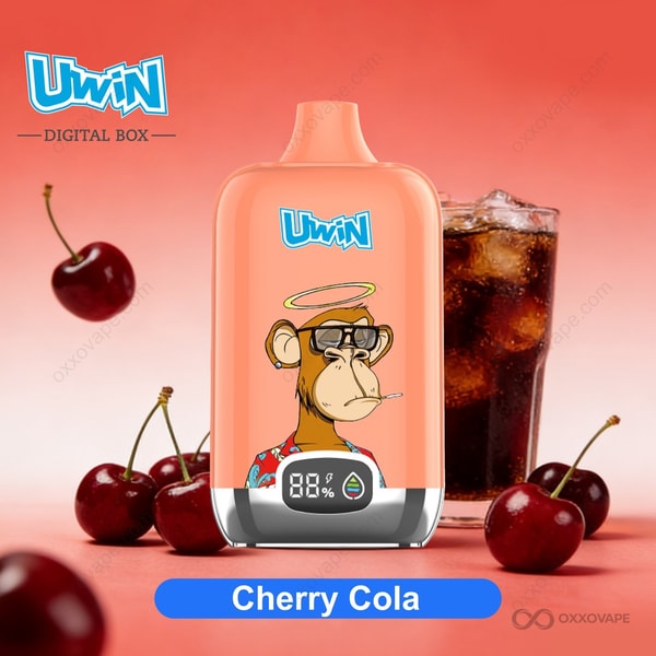 Cherry Cola flavor box for Uwin Digital Box 12000 disposable vape with dark red and brown fizz-inspired design
