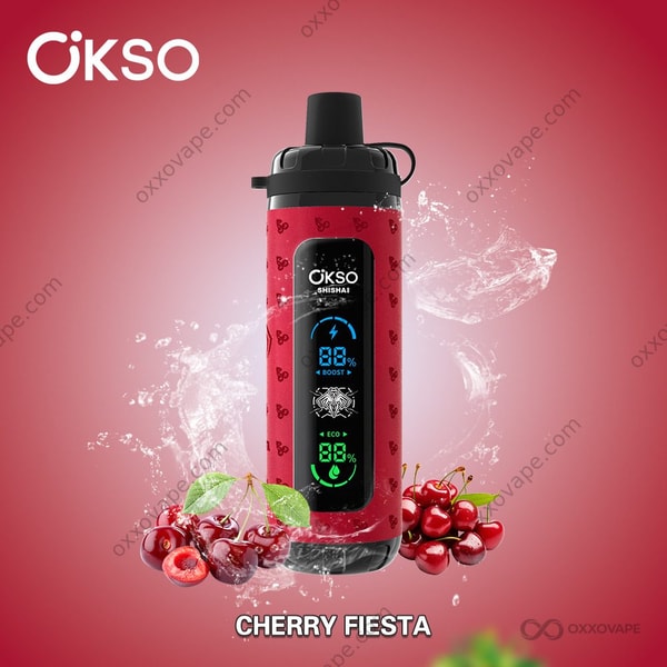 Verpackung der Cherry Fiesta Geschmacksrichtung für den OKSO Shisha Max 40000 Einweg-Vape mit leuchtend roter Kirschen-Grafik