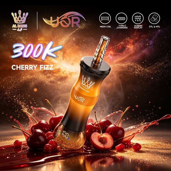 Cherry Fizz flavor box for UOR AL BANG 300000 featuring bubbly red cherry design