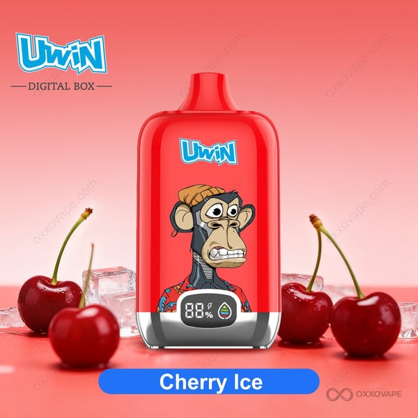 Cherry Ice flavor box for Uwin Digital Box 12000 vape featuring dark red cherries with frost detailing