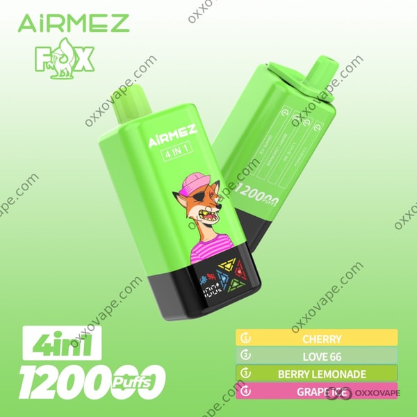 Airmez Fox 120000 Box mit Kirsche-, Trauben- und Candy-Motiv in tiefroten Farbtönen