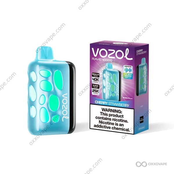 Vozol Rave 40000 Cherry Strawberry flavor box showing dark cherries paired with red strawberries