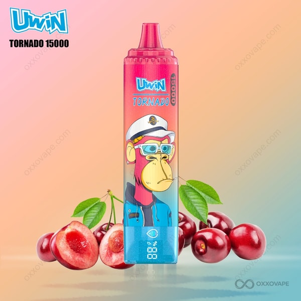 Cherry flavor packaging for Uwin Tornado 15000 with bold red cherry illustration