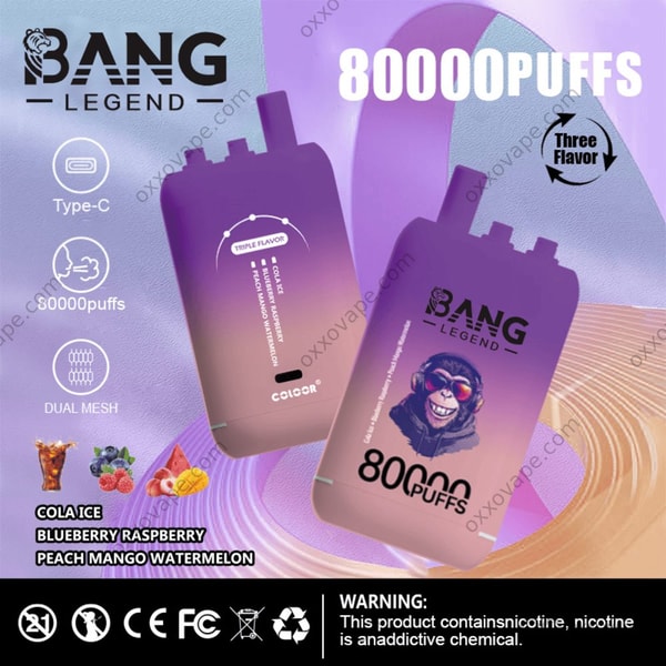Bang Legend 80000 packaging for Cola Ice Blueberry Raspberry Peach Mango Watermelon flavor set