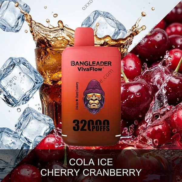 Bang Leader 32000 Cola Ice Cherry Cranberry box with fizzy cola bottle graphic and cranberry cluster art