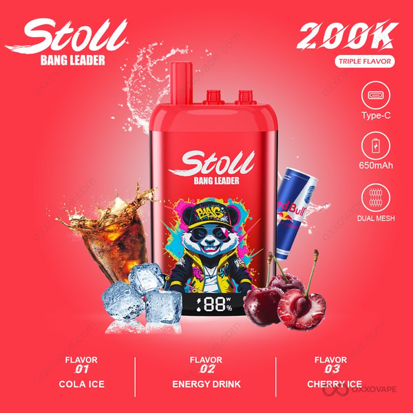 Bang Leader Stoll 200000 box for Cola Ice Energy Drink Cherry Ice flavor trio featuring deep red and blue can-style artwork
