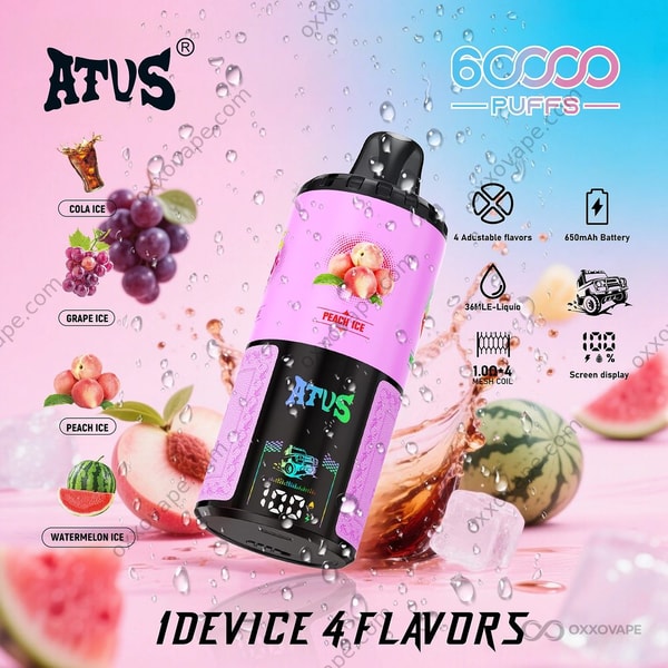 ATVS Warship 60000 pink device packaging showing Cola Ice, Grape Ice, Peach Ice and Watermelon Ice flavor variants