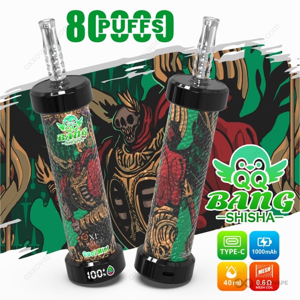 Cool Mint flavor packaging for QQ Bang Shisha 80000 with icy blue mint leaf graphics