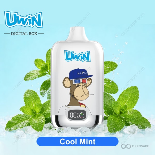Cool Mint flavor packaging box for Uwin Digital Box 12000 vape with frosty blue and white minty leaf graphics
