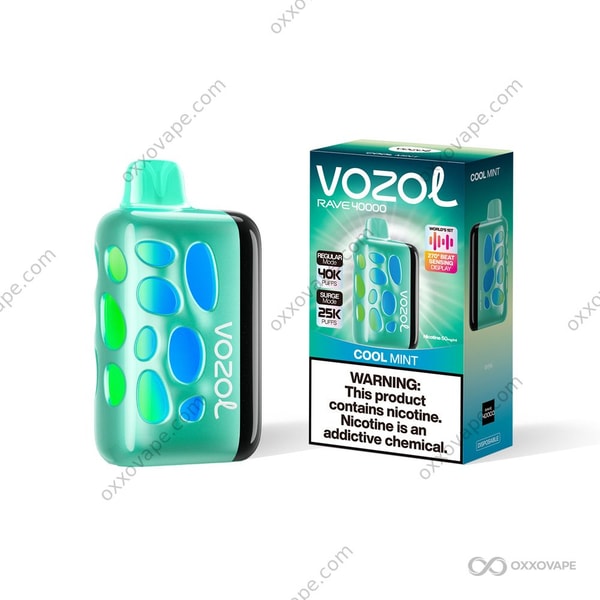 Vozol Rave 40000 Cool Mint flavor box featuring green mint leaves and a frosty white backdrop