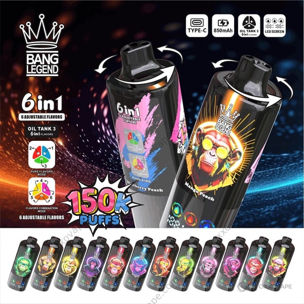 Vista frontal del vape desechable Bang Legend 150000 mostrando la pantalla LED con contador de caladas y su elegante cuerpo metálico