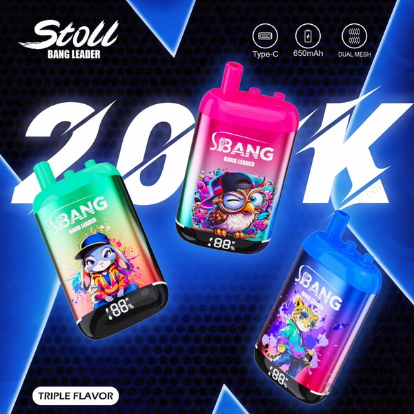 Side angle of Bang Leader Stoll 200000 vape revealing Type-C charging port and triple flavor switch button on textured body