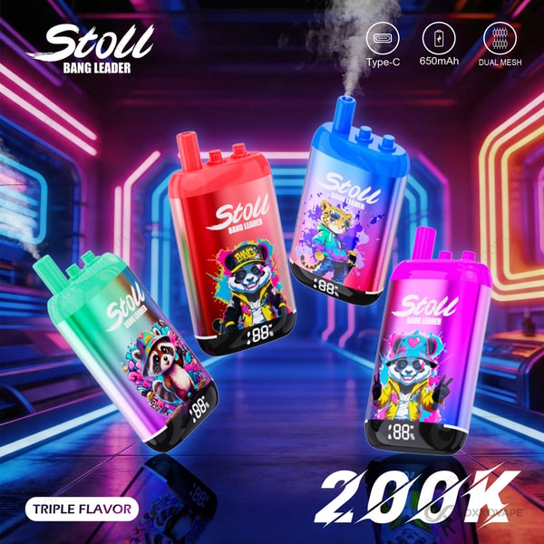 Bang Leader Stoll 200000 Einweg-Vape steht aufrecht und zeigt schlankes schwarzes Gehäuse und frontseitiges intelligentes LED-Display