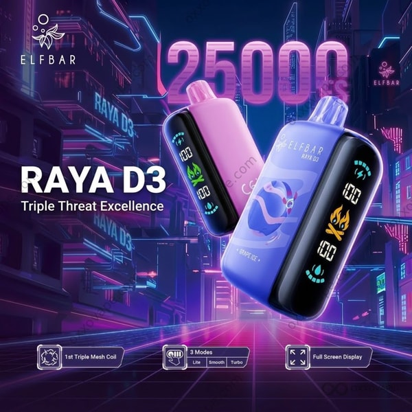 Elf Bar Raya D3 25000 使い捨て電子タバコがデジタルサイドスクリーンと青いリングライトを点灯させて立てた状態で表示されています