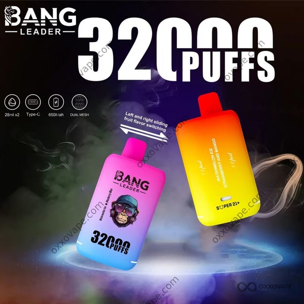 マットブラック仕上げのBang Leader 32000ディスポーザブルベイプが、見えるデュアルメッシュコイルチャンバーを備えて立っています。