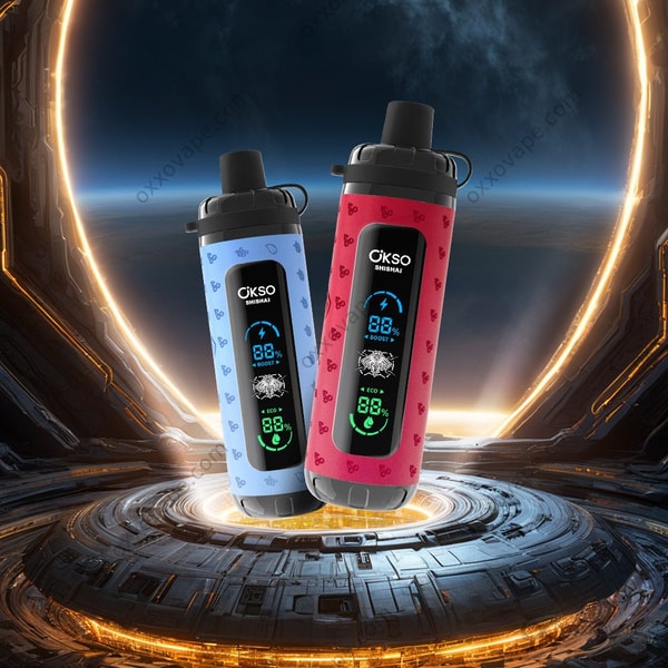 Seitenansicht des OKSO Shisha Max 40000 Vape mit Type-C-Ladeanschluss und verstellbarem Airflow-Ring