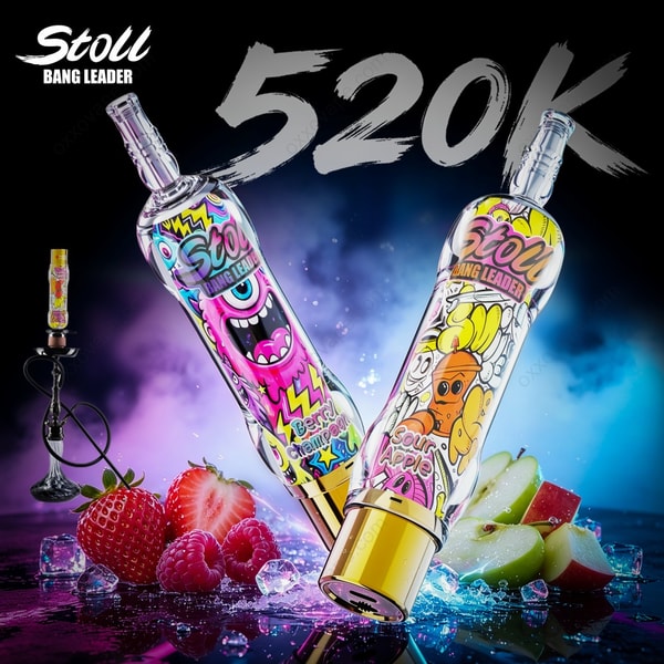 Close-up detail of Bang Leader Stoll 520000 with 42ml e-liquid tank and Type-C charging port visible.