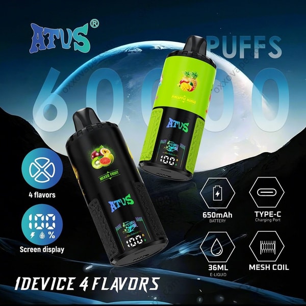 Vista frontal del vape desechable ATVS Warship 60000 mostrando pantalla inteligente y cuerpo de dispositivo colorido con sistema de 4 sabores